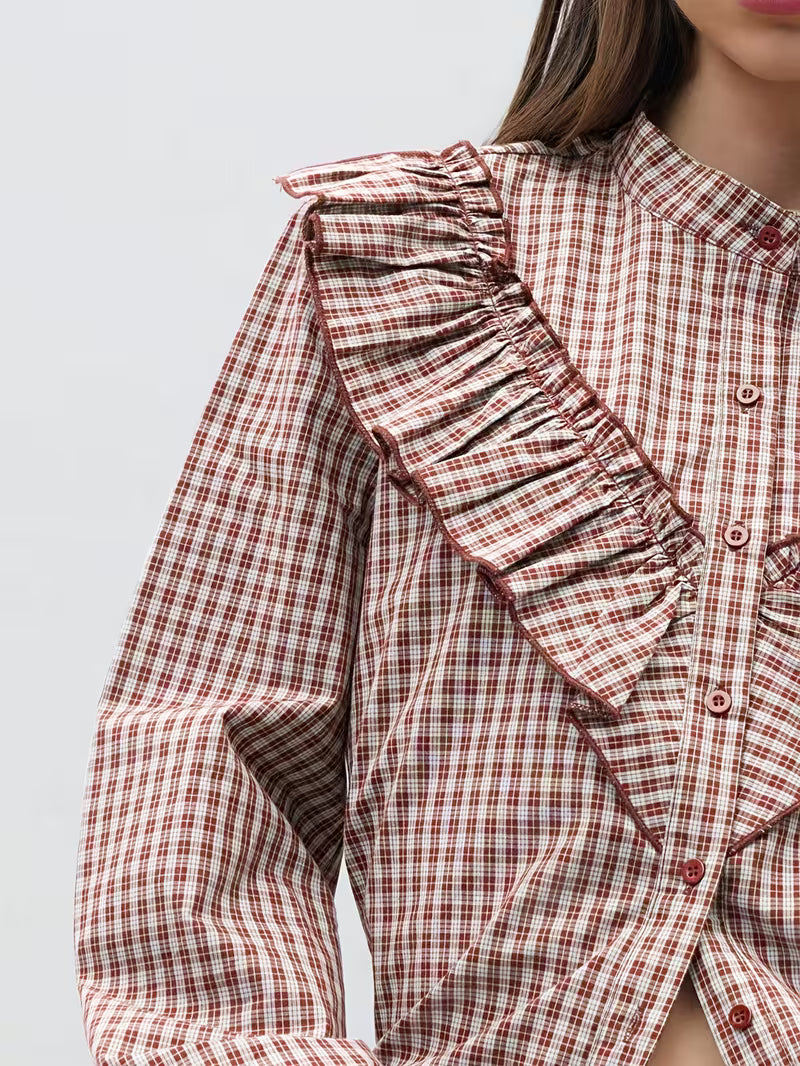 Women's High-Neck Plaid Ruffle Blouse