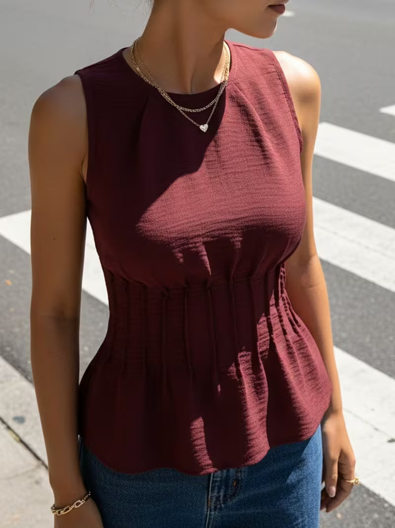 Women's Shirred Back Gathered Waist Sleeveless Top